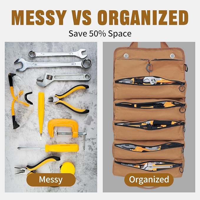 Portable Foldable Roll Up Tool Bag, Heavy Duty Tool Organizer Bag with 5 Compartments & 2 Detachable Pouches for Tools Storage, Waterproof Tool Roll Bag for Dad Men Electrician Gifts
