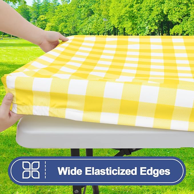 Smiry Picnic Table Cover with Bench Covers, Waterproof Elastic Fitted Tablecloths for 5 Foot Rectangle Tables, Washable Buffalo Plaid Tablecloth for Camping, Outdoor (Yellow & White, 30"x60")