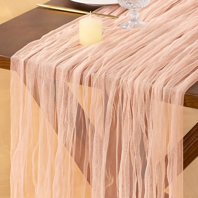 Socomi Peach Cheesecloth Table Runner Tulle Gauze Cheese clothBoho Rustic 120 inch 10FT Runner for Wedding Party Baby Shower Birthday Holiday Decorations 3pcs