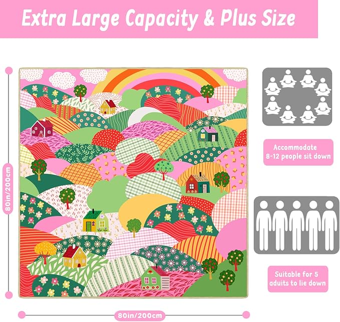 Picnic Blankets Extra Large Waterproof, 80"x 80" Cute Home Beach Mat with Corner Pockets Windproof Sandproof Foldable Portable 3-Layer Mat Darker for Wet Grass,Parks,Music Festival,Camping,Concerts