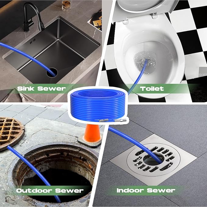 Sewer Jetter Kit for Pressure Washer 150FT, 5800 PSI Water Jet Drain Cleaner Hose 1/4 Inch NPT Corner, Rotating and Button Sewer Jetting Nozzles, Waterproof Tape, Spanners, and Pearl Corsage Pin