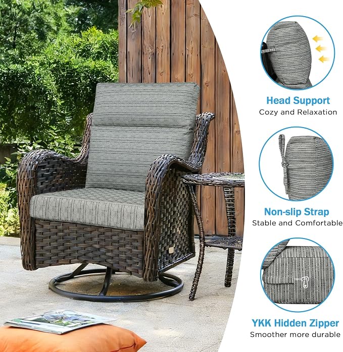 Outdoor Patio Chair Cushions 44x21x3.5 inch, Set of 2 Thicken Comfy Cushions for Rocker Non Slip Fade Shield Water Repellent High Back with Ties, Grey Linen Stripe