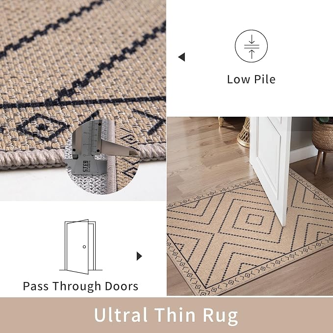 Tangsoo Easy Jute Rug 2.6x10 Washable Runner Rug for Hallways,Neutral Geometric Ultra Thin Indoor Carpet Runner Farmhouse Long Rnner Mat for Kitchen Entryway Laundry