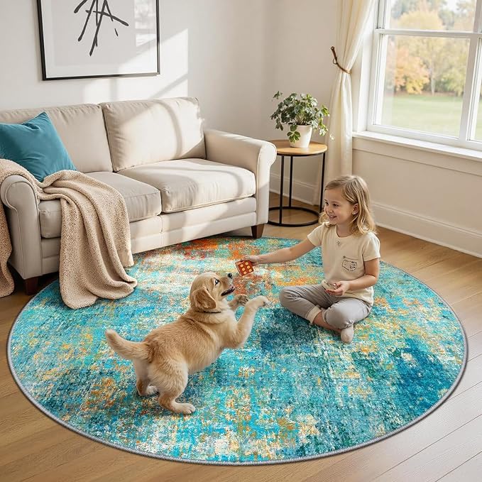 RELEANY Washable Round 6ft Area Rug for Living Room Teal Multi | Carpet for Bedroom, Kitchen, Office, Hallway and Entryway, Printed Pattern, Non‑Slip, Soft, Stain‑Resistant, Easy to Clean
