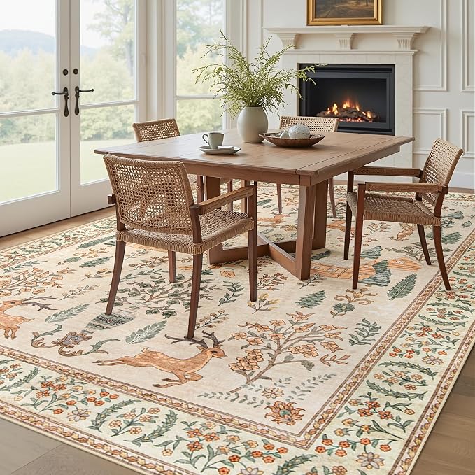 Living Room Rugs 8x10: Washable Boho Rug Farmhouse Non Slip Stain Resistant Large Rug Low Pile Soft Carpet for Bedroom Dining Room Children Room (Cream Animal,8'x10')