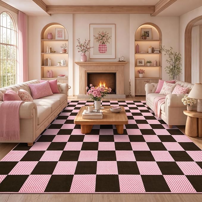 GarveeHome Checkered Brown Pink 8x10 Washable Rug for Living Room Bedroom | Pink Rug for Girl Room Nursery Large Rug for Dinning Room Low-Pile Non-Slip Soft Stain Resistant Geometric Rugs TPE Backing