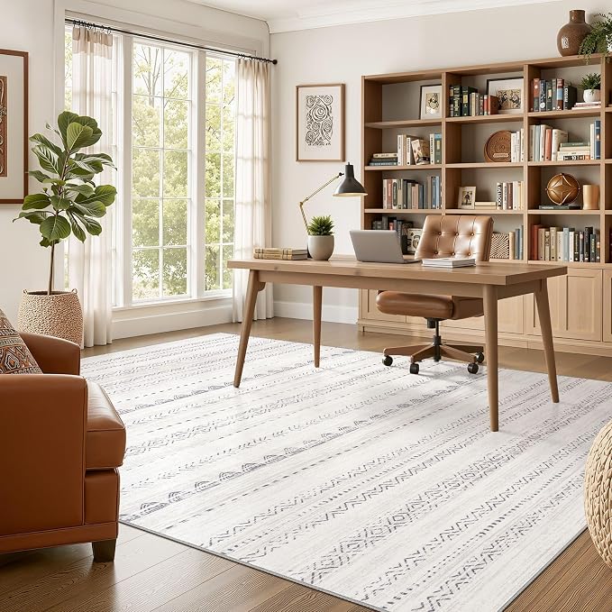 Nakagishi Boho 8x10 Area Rug Living Room Rugs Machine Washable Gray | Soft, Pet & Kid Friendly, Carpet for Living Room/Bedroom/Office/Kitchen/Nursery, Daily Home Decor Stain Resistant Moroccan