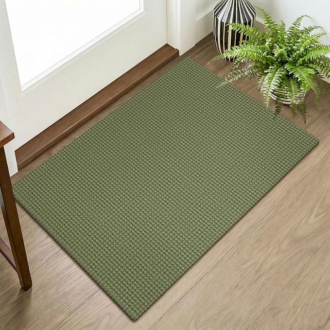 KOZYFLY Indoor Door Mat 2x3 ft Small Area Rugs Washable Front Door Mat Non Slip Rubber Backed Entryway Rug Cotton Entrance Doormat for Front Porch Kitchen Bedroom, Olive Green/Earthy Green