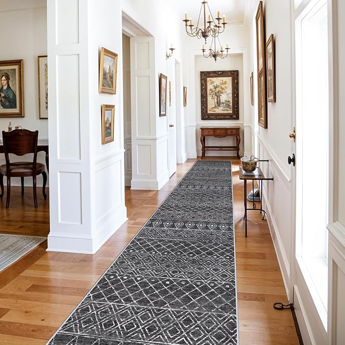 3x16 Black Moroccan Washable Rug:Modern Boho Long Hallway Runner Rug | Soft Low Pile Thin Indoor Mat, Easy Clean Non Slip Backing, Stain Resistant Design for Kitchen, Bedroom & Entryway