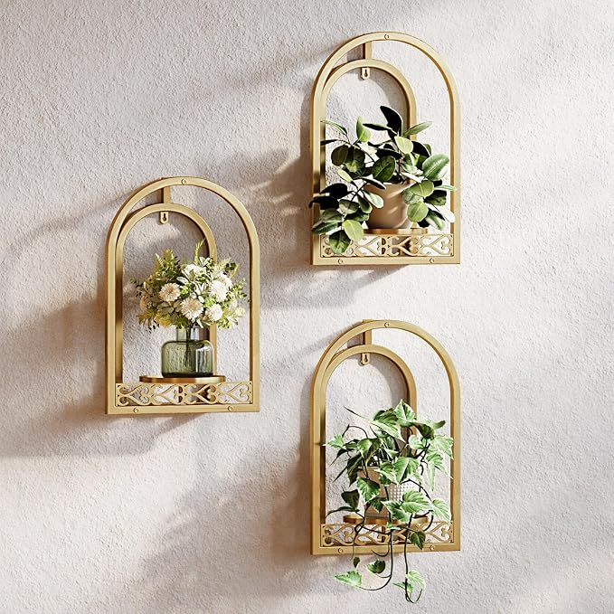 Hanging Planter for Indoor & Outdoor Plants, Mid Century Modern Iron Frame Wall Decor for Living Room Garden Patio 3 Pack Gold（No Light）