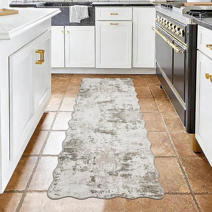 ROYHOME 2x6 Modern Abstract Scalloped Runner Rug Non Slip, Taupe | Soft Stain Resistant Low Pile Machine Washable Non Shed Rug for Hallway Kitchen Bathroom
