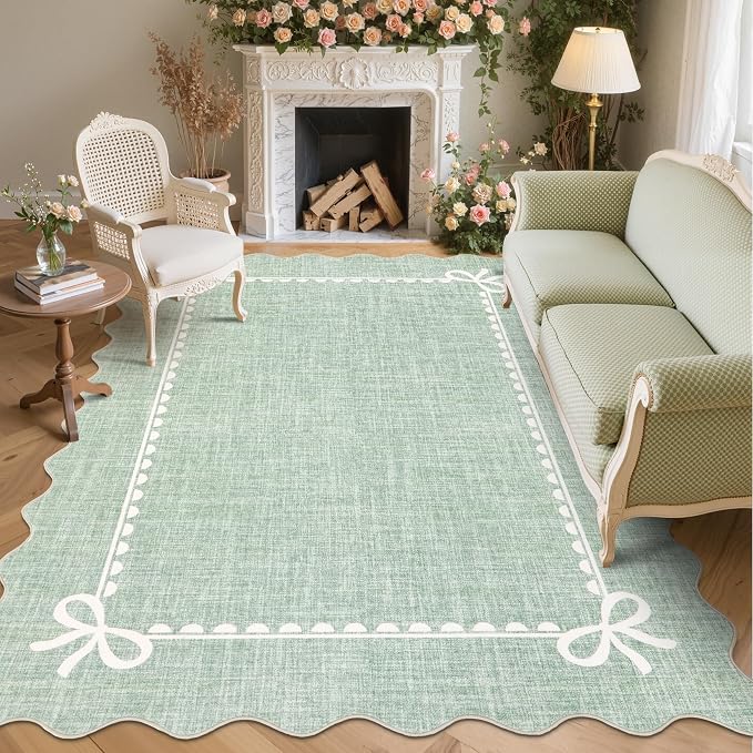 GarveeHome Scalloped Bow Rug 8x10 Washable Rugs for Living Room, Sage Green | Non Slip Soft Low Pile Indoor Large Carpet for Nursery Girls Bedroom Decor Hallway Kids Room College Dorm Playroom