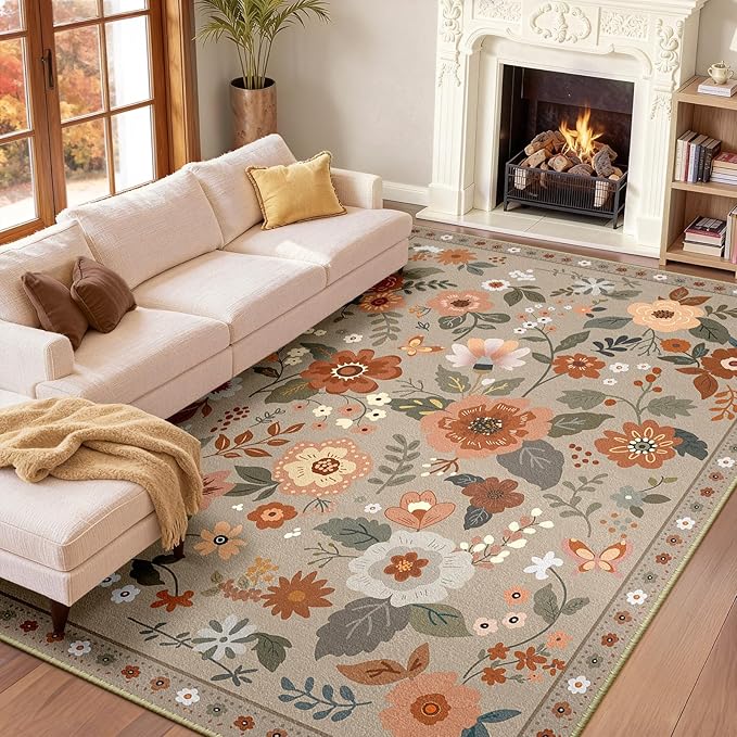 RELEANY Floral Washable 9x12 Area Rugs Brown/Brick | Flower Carpet, Print, Boho, Non-Slip, Easy to Clean, Soft, Low Pile for Living Room Bedroom Kitchen Office Entryway Hallway