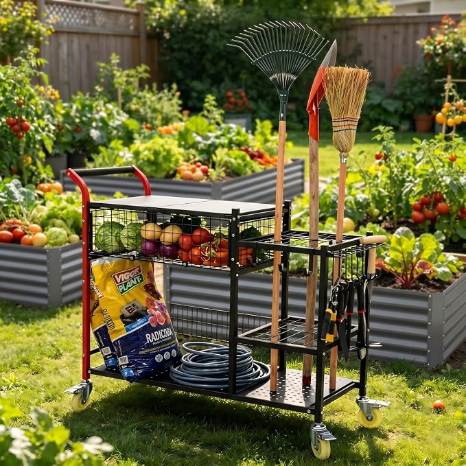 Anleolife 3-in-1 Garden Cart: Workstation, Harvest Basket & Tool Rack | 4IN swivel casters with brakes. Rust-resistant steel. Ideal for potting, transplanting, harvesting & tool storage