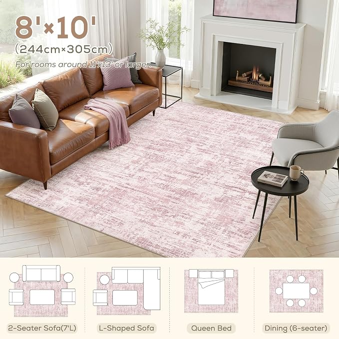 Nakagishi 8X10 Abstract Washable Area Rugs for Living Room-Pink | Modern Non-Slip Silicone Backing Low Pile Soft Carpet for Bedroom Dining Decor Ideal for Families with Kids and Pets