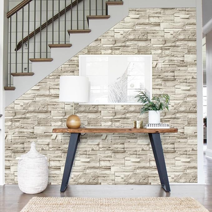 Jeweluck Stone Wallpaper Peel and Stick Brick Wallpaper 17.7”×590.5” Brick Contact Paper Peel and Stick Wall Paper Bathroom Faux Stone Backsplash for Kitchen Removable Decorative for Walls Vinyl