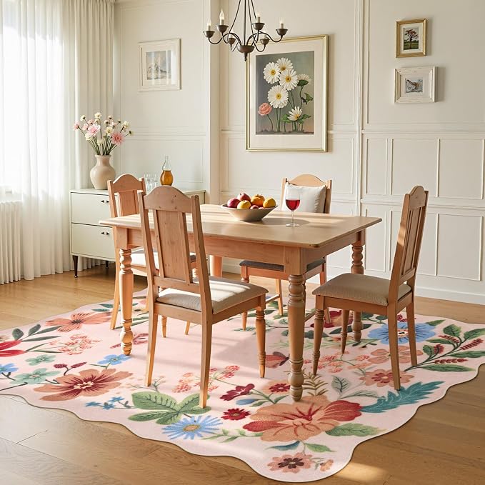 Lahome Floral Washable Rugs, 4X6 Pink Rugs for Bedroom Girls Living Room | Ultra-Thin Soft Non-Slip Stain Resistant Boho Throw Carpet for Nursery Office Flore, Light Pink