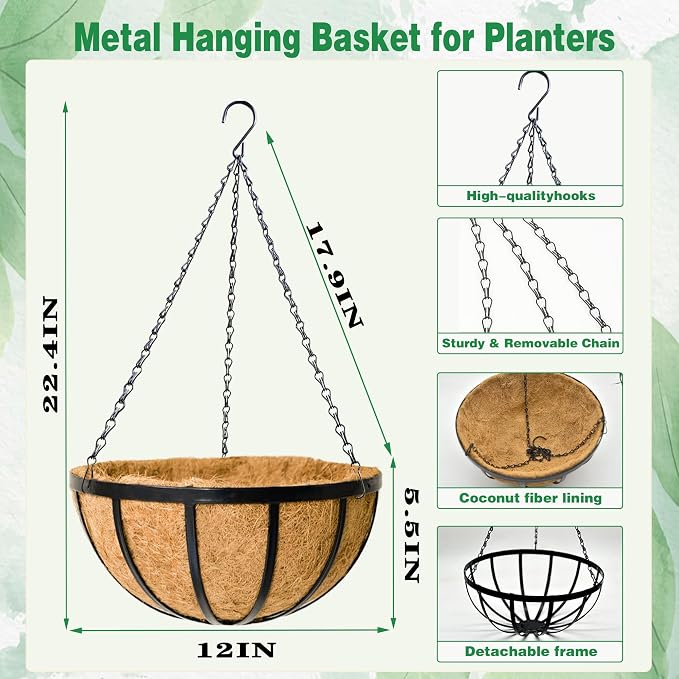 2 Pack 12 Inch Hanging Planters for Outdoor Plants Metal Hanging Planter Basket with Coco Coir Liner Round Plant Black Flat Iron Metal Flower Pots for Deck Patio Porch Garden Balcony