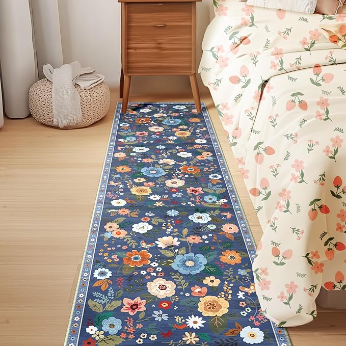 Floral Washable 2x8 Area Rugs Runner Entryway Hallway Blue/Grey | Flower Carpet, Print, Boho, Non-Slip, Easy to Clean, Low Pile, Soft, for Living Room Bedroom Kitchen Office Entrance