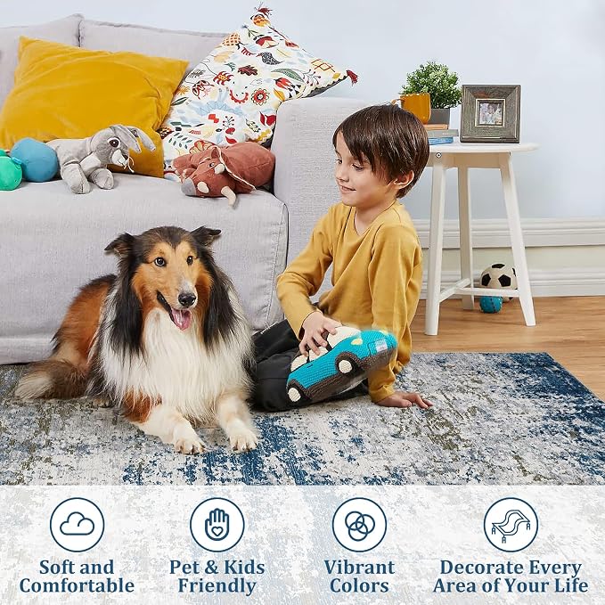 ROYHOME 5x7 Modern Abstract Faux Wool Rug, Navy | Ultra-Soft Low Pile Accent Rug Stain Resistant Carpet Machine Washable for Bedroom with Non Slip Backing