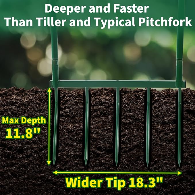 Homwin Broadfork Garden Tool with Steel Handle Heavy Duty Five Tines Broad Fork for Gardening Loosening and Aerating Soil, U-Shaped Design Hand Tiller, Compost Turner and Aerator