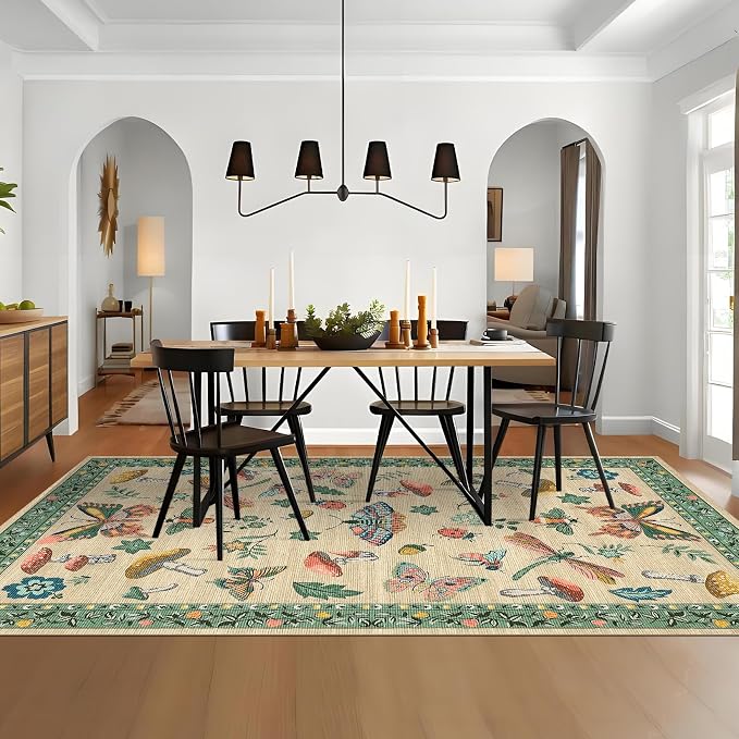 Mushroom Insect 8x10 Area Rugs, Washable Rugs for Living Room Non Slip Stain Resistant Low Pile Modern Butterfly Carpet for Bedroom Dining Room Nursery Playroom Office, Khaki Green