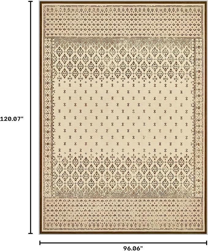 Joydeco 8x10 Area Rug for Living Room, Vintage Washable Rugs for Bedroom | Large Boho Geometric Low Pile Non Slip Ultra Thin Distress Indoor Throw Floor Carpet For Dining Room Home Office Dorm Beige