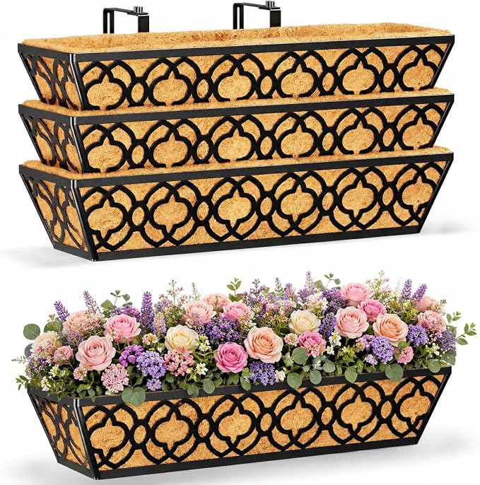 24 Inch Railing Planter Box with Coco Liner, Adjustable Metal Hanging Planter, Window Box for Balcony Deck Fence, Outdoor Flower Box Black, 4 Pack