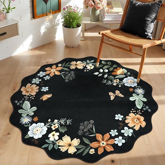 Lahome Floral Round Circle Rugs, Washable Small Round Rug 3ft Non-Slip | Soft Boho Ultra-Thin Circle Carpet for Bedroom Entryway Kitchen Laundry Bathroom Flore Black/Grey