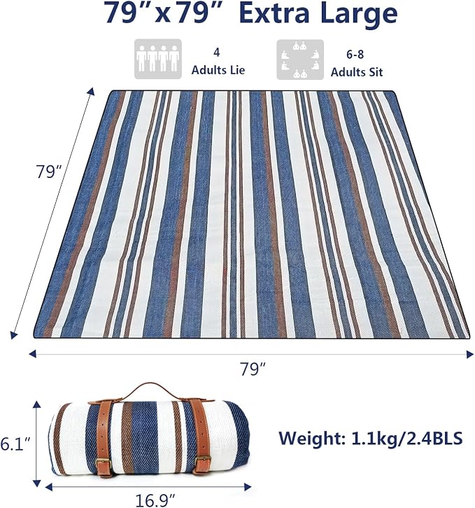79”x79” Picnic Blanket Extra Large, Waterproof and Foldable Beach Blanket, 3-Layer Outdoor Blanket for 6 to 8 Adults, for Camping, Park, Beach, Grass, Indoors
