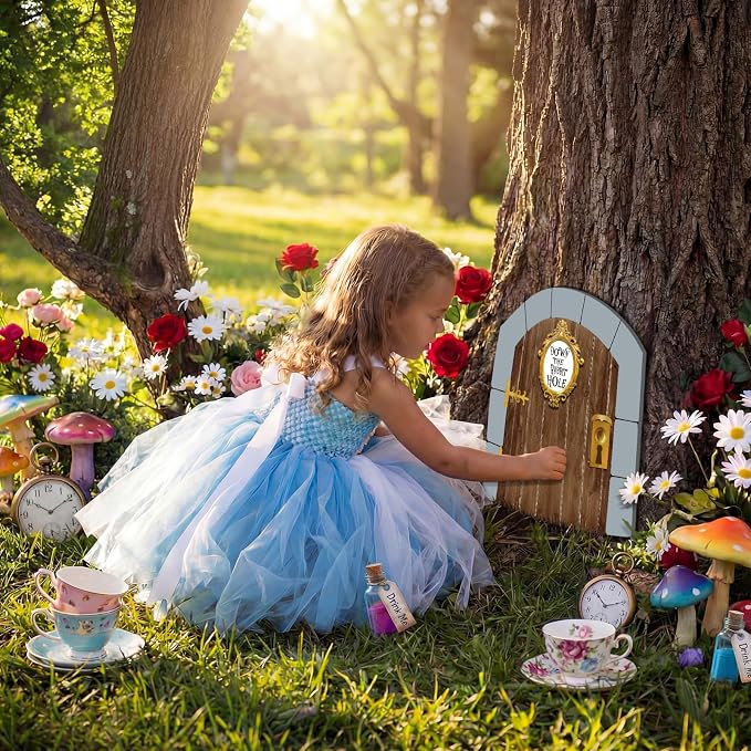 Preboun Wonderland Tea Party Decor Outdoor Down The Rabbit Hole Garden Decor Yard Sign Vintage Gold Oval Tea Party Decoration for Wonderland Birthday Baby Shower Lawn Garden(Door)
