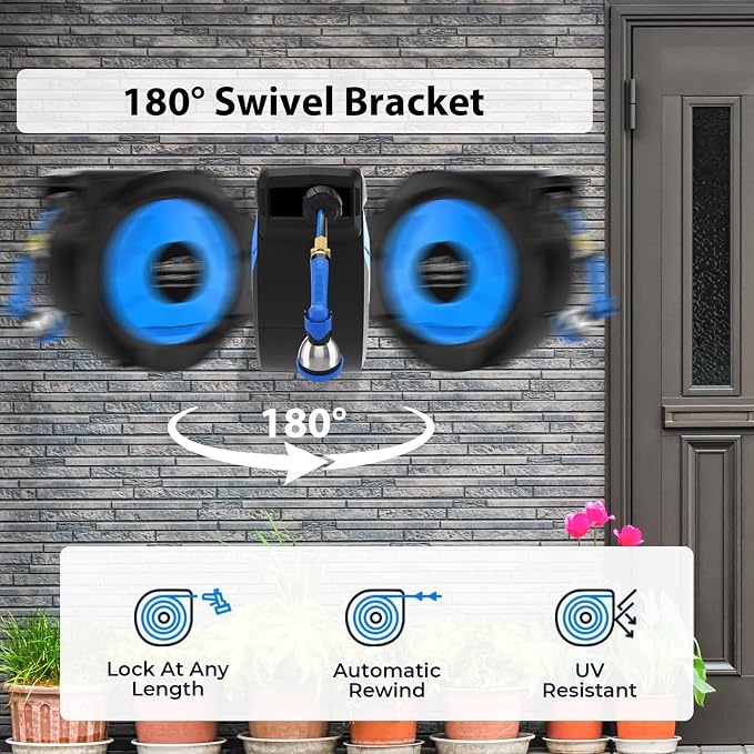 Retractable Garden Hose Reel, 1/2 Inch x 100 ft + 6.6 ft Heavy Duty Wall Mounted Hose Reel with 10 Patterns Nozzle, Any Length Lock, Upgraded Slow Return System, 180°Swivel Bracket and UV Resistant