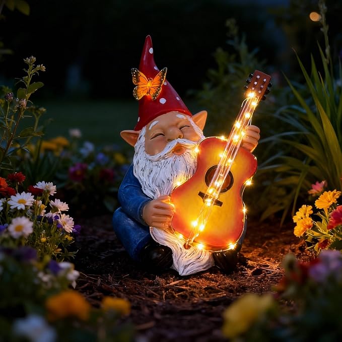 Funny Garden Gnome Statue Solar Hippie Gnomes Decorations Figurine Yard Ornament Gnome Playing Lighted Guitar LED Lawn Patio Porch Decor for Outdoor House Housewarming Gifts for Women