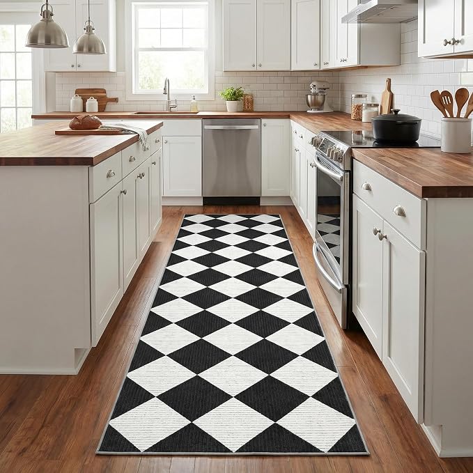 GarveeHome Checkered Rug Runners Hallway 2x6 Black and White Kitchen Runner | Non Slip Soft Diamond Print Entryway Rug Thin Laundry Mat Stain Resistant Carpet for Bedroom Bathroom Beside