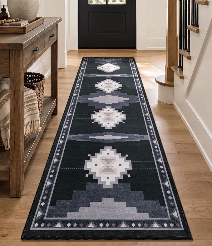 YIHOUSE 2'x6' Washable Hallway Runner Rug, Black and Grey Western Aztec Rug | Non-Slip, Low Pile, Soft, Tribal Geometric Design, for Entryway Kitchen Boy Bedroom, Stain Resistant, Pet Friendly