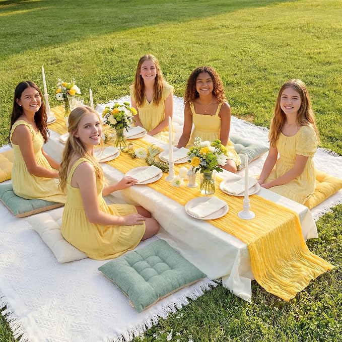 Extra Large Outdoor Picnic Blanket with Table Runner and Floor Pillow Cushion for Picnic Wedding Birthday Baby Shower Backyard Decor(91 x 71'',Light Beige,Yellow,Green,8 Pcs)