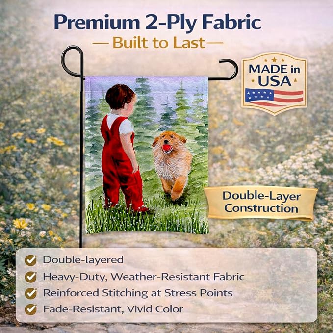 Caroline's Treasures SS8545GF Little Boy with his Golden Retriever Garden Flag Mailbox Flag Decorative Yard Flag Banner Outside Patio Artwork Yard Flower Beds, Garden Size, Multicolor
