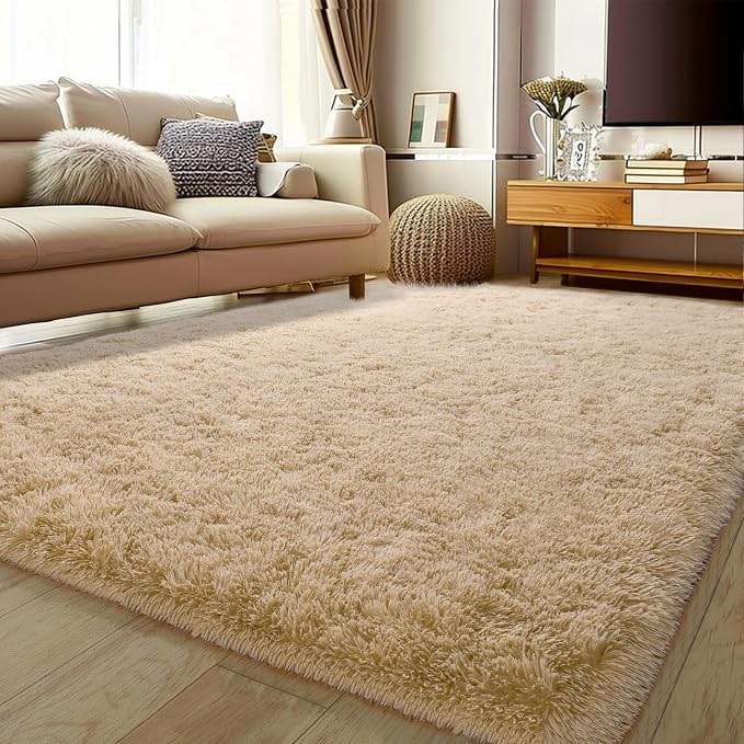 8x10 Large Area Rugs for Living Room, Fluffy Washable Beige | Upgrade Non-slip, 8 x 10 Neutral Big Shag Rug for Bedroom Kids, Modern Shaggy Furry Carpet for Dorm, Flame Resistant