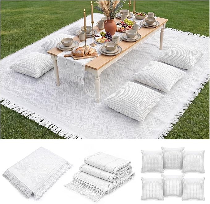 Extra Large Outdoor Rug Boho Picnic Blanket with Low Table Runner and 6 Throw Pillows Covers Set Wedding Party Decoration Photoshoot Home Garden Party Decor Patio Lawn Mat Beach Party theme Supplies