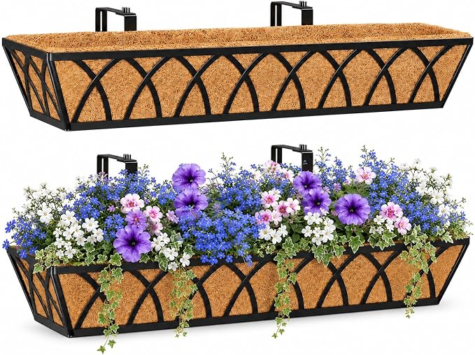 Y&M 2pcs 30'' Metal Outdoor Planter Boxes, Large Railing Mount Planters with Coco Liner for Balcony, Porch, Fence