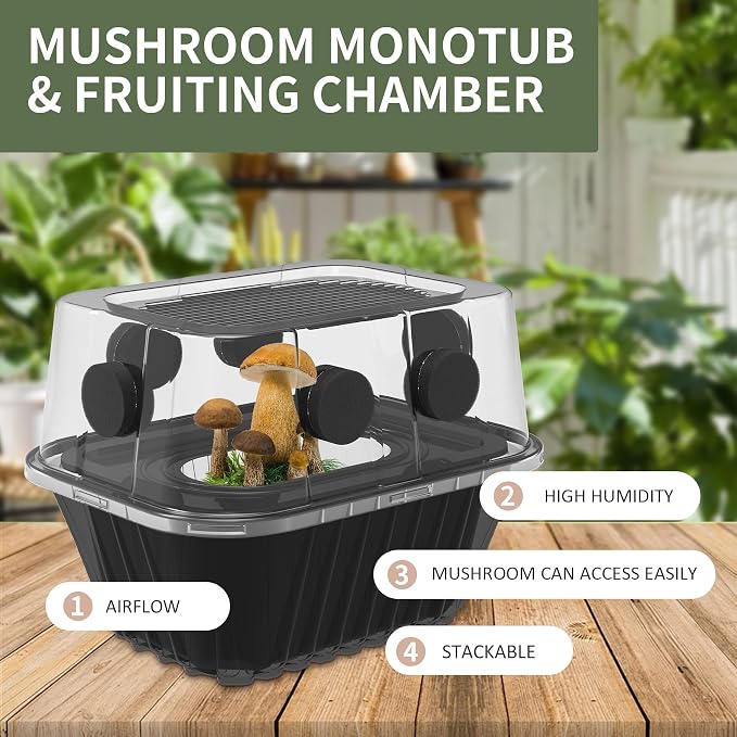 Mushroom Growing Kit, Monotub Stackable Grow Box, Fruiting Chamber with FAE Filters, Indoor Use, 12.6 x 12.6 x 6.3 inches, Clear and Black