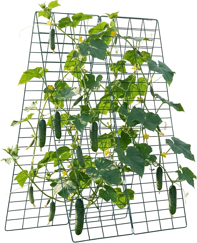 VEVOR Cucumber Trellis, 46" x 34" Foldable A-Frame Garden Trellises for Raised Bed, 4 Panels, Metal Rustproof Outdoor Climbing Plant Support with 2 Plant Bags for Vine, Peas, Beans, Tomato, Flowers