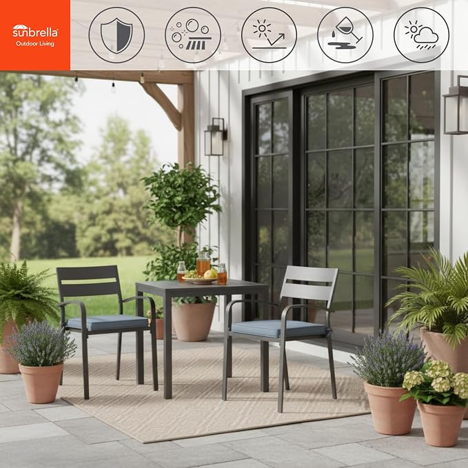 Indoor/Outdoor Chair Pads in Sunbrella Fabric – 17''x17'' Patio Seat Cushions with Foam Insert, Removable Reversible Cover & Ties for Patio Dining Chairs – Set of 2 or 4, Spectrum Denim
