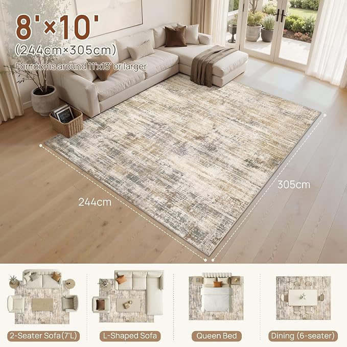 UERMEI 8x10 Area Rug for Living Room Washable Abstract Golden Brown Carpet | Low Pile Non-Slip Soft Neutral Modern Kid Pet Friendly Large Rugs For Bedroom Dining Room Nursery Office Indoor Decor