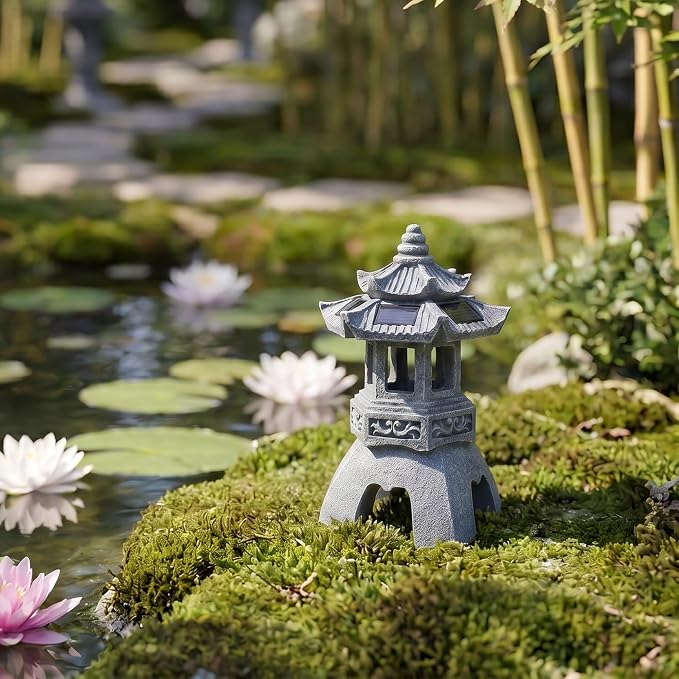 Solar Zen Garden Statue, Pagoda Lantern with 3 Solar Panels, Outdoor Decor for Landscape Patio, Balcony and Yard, Gift for Women Mom and Gramma