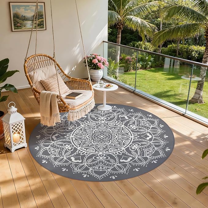 Pauwer Waterproof Outdoor Rug 8ft, Reversible Plastic Straw Patio Camping Rug, Indoor Outdoor RV Mat Carpet for Deck, Camper, Porch, Balcony, Backyard, Picnic, Floral Grey