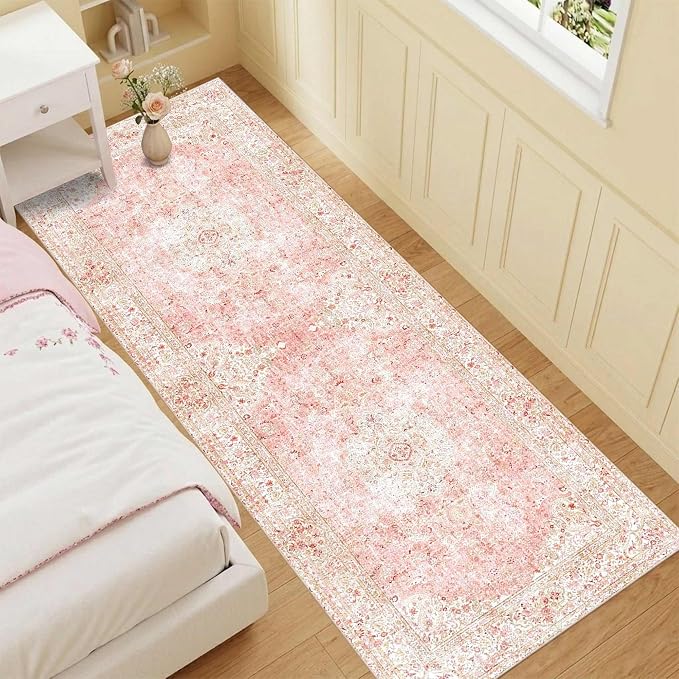 Latte&Fog 2.6x8 Washable Hallway Runner Pink Rug for Kitchen Non Slip | Low Pile Soft Cute Throw Rug Doormat for Entrance Bathroom Laundry Bedside Bedroom Nursery Playroom Hallyway Dorm Office