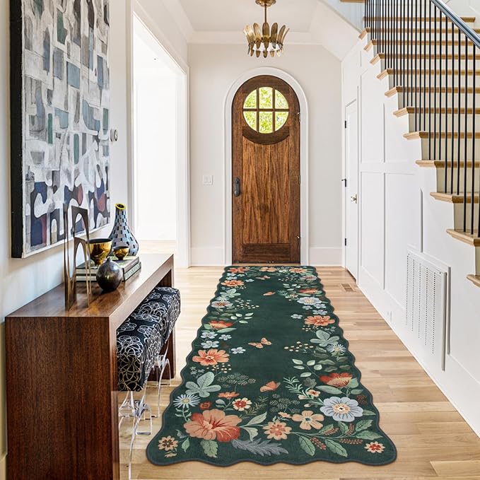 Lahome Floral Hallway Runner, 2X6 Kitchen Washable Runner Rug Non-Slip | Ultra-Thin Soft Stain Resistant Boho Low-Pile Carpet for Kitchen Laundry Bathroom Bedroom Flore Dark, Green