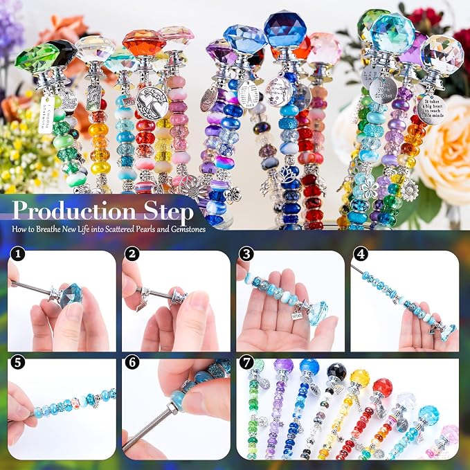 513Pcs DIY Beaded Garden Stakes, Fairy Wand Kit Garden Stakes Decorative with 18 Threaded Rod, Crystal Top, Large Holes Bead for Christmas Plants Garden Outdoor&Indoor Decorative（12IN）