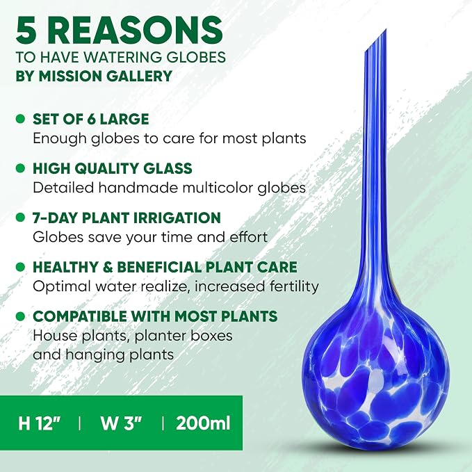 Plant Watering Globes Set of 6 - Large Glass Self Watering Bulbs Up to 7 Days of Irrigation - for Indoor & Outdoor Plants - Multicolor, Automatic, Glass Watering Bulbs for Daily Use, Watering Devices